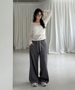 Laen Fall Basic Boat Neck Off-Shoulder See-Through Loose Fit Long Sleeve T-Shirt