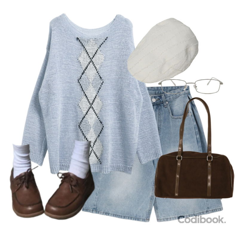 wonderwonder 포팟 스웨이드 레더 콤비 숄더백,binary01 베딘 데미지 헌팅캡,J-BLIN 아킨 워싱 데님 사이드 핀턱 버뮤다 팬츠등을 매치한 코디