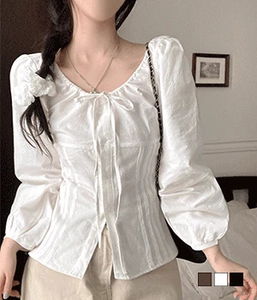 Benly Ribbon Shirring Pintuck Long Sleeve Blouse