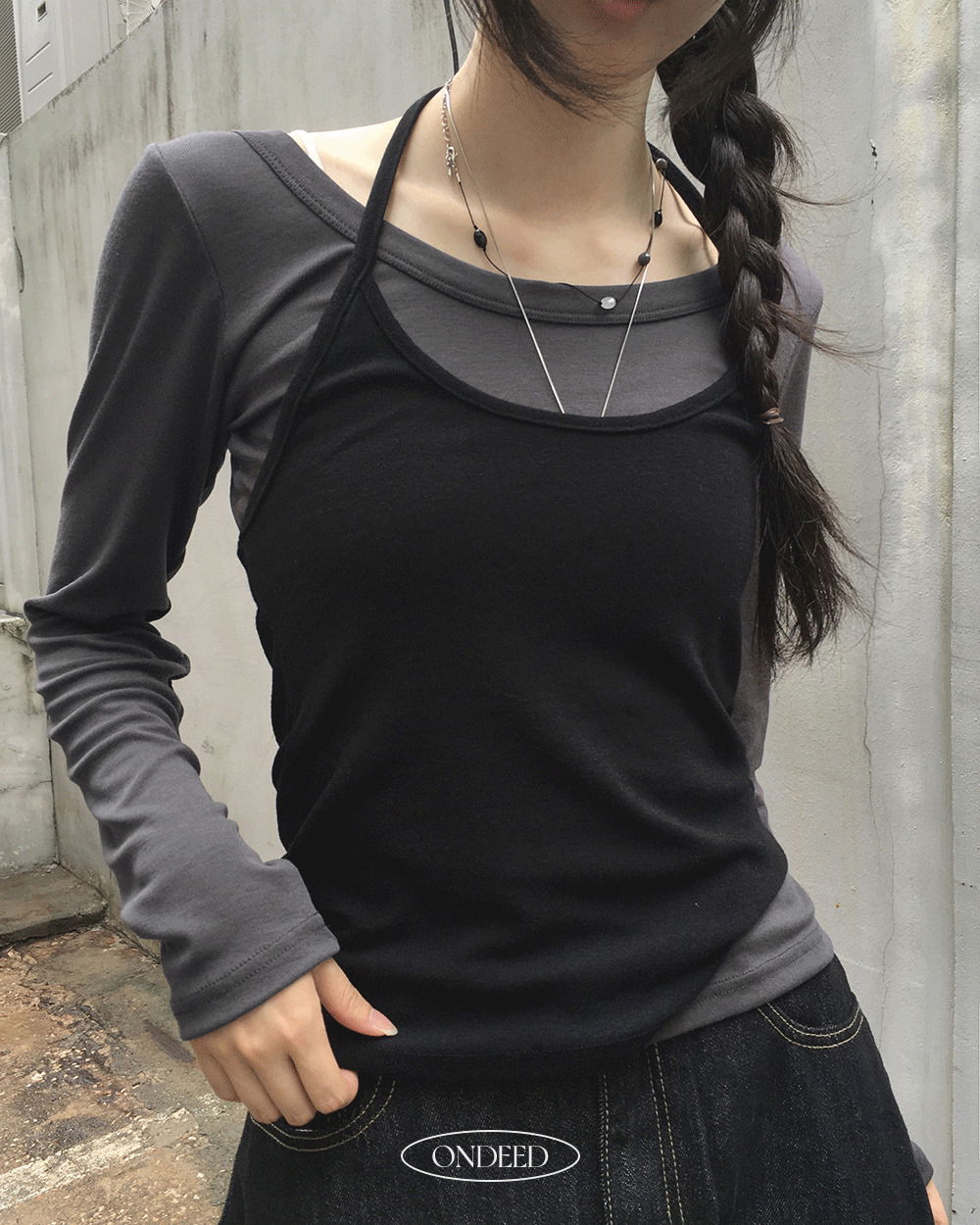 拼色假兩件U領長袖上衣