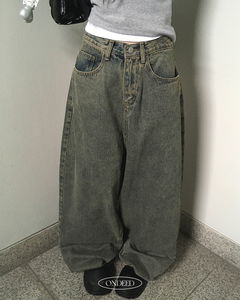 復古水洗寬版長牛仔褲