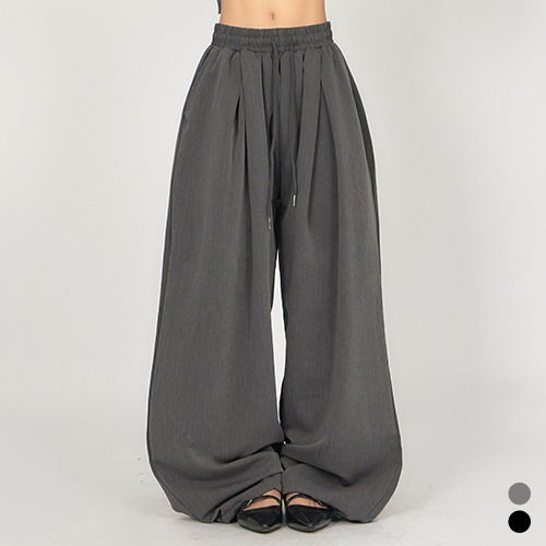 鬆緊打褶寬版長褲PA049