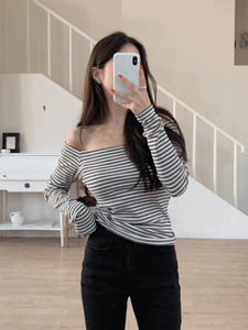 Karina Off-Shoulder Striped Striped Spandex Long Sleeve T-Shirt (3 Colors)