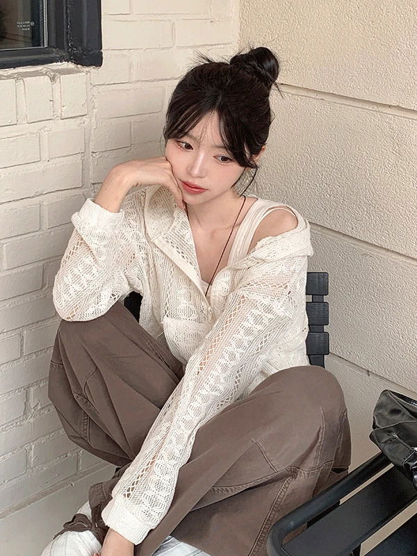 밀로 매쉬 스트링 그물 니트 후드집업 (2color)