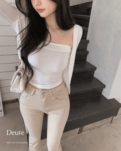 듀트 실리콘마감 굴림 슬림핏 탑+브이넥 단추 롱슬리브 긴팔 가디건 set