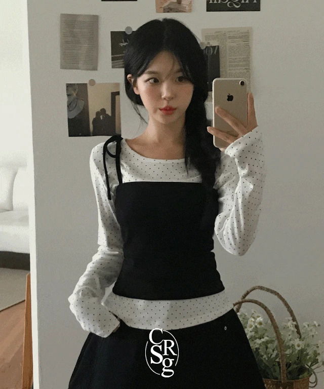 絲帶造型方領背心 + 點點圓領長袖上衣