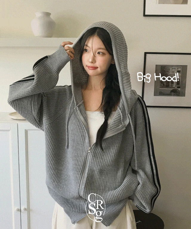 퍼피 배색 라인 니트 후드집업