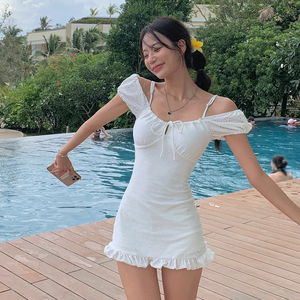 모나 레이스 펀칭 끈 나시 프릴 뷔스티에 오프숄더 원피스 수영복 모노키니