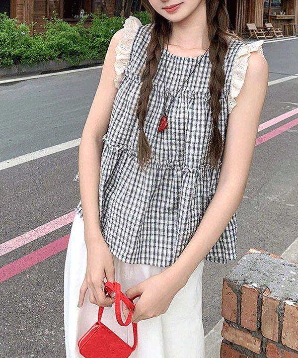 D14 Check Frill Cancan Blouse