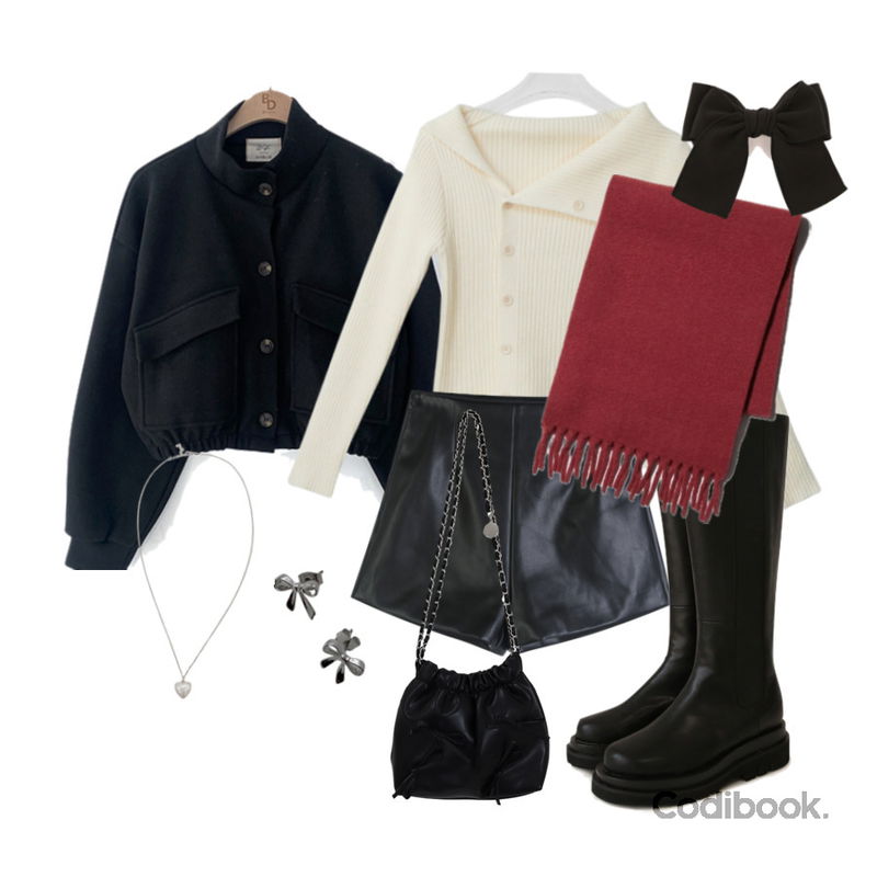 common unique 엘로 라인 리본 헤어 핀,common unique 조로 청키 첼시 롱 부츠,BEIDELLI 감성톤 크롭 밴딩 자켓&코트등을 매치한 코디