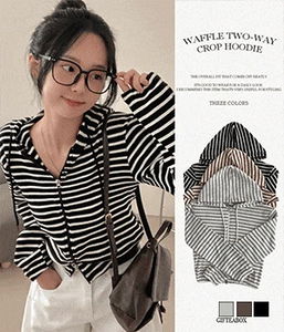 Waffle Stripe Striped Two-Way Crop Hooded Zip-Up