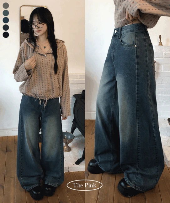 高腰刷色水洗寬版牛仔褲