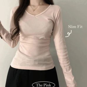 Becca Slim V-Neck Side Shirring Long Sleeve T-Shirt