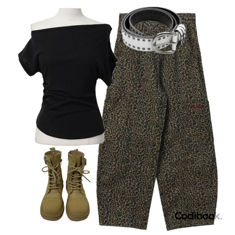 binary01 렌더링 스터드 벨트,binary01 레베카 자수 레오파드 팬츠,JASMINBELL 베니스 빈티지 라운드 부츠등을 매치한 코디
