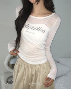 Mifu Boat Neck Off-Shoulder Lettering See-Through Layered Long Sleeve T-Shirt