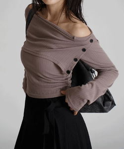 摺疊設計露肩羅紋長袖上衣