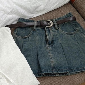 꼬이 벨트 데님 플리츠 미니 스커트