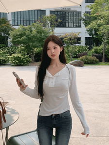 Def Button Pocket Shirring Team Long Sleeve T-Shirt (3 Colors)