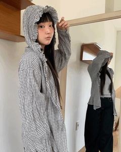 Juring Frill Check Hooded Long Sleeve Shirt