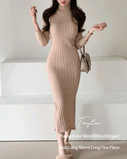 투샤 폴라 슬림 골지 트임 니트 긴팔 롱 원피스