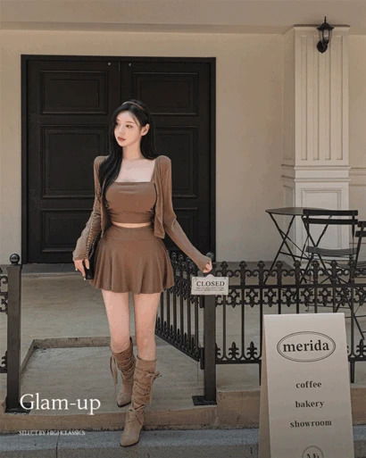 글램업 스퀘어넥 가슴패드 셔링 나시+긴팔 가디건+밴딩 속바지 미니 스커트 3피스 set