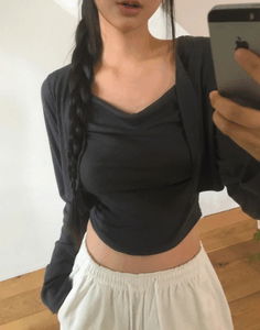 Permil Drape Shirring Crop Sleeveless Cardigan Set