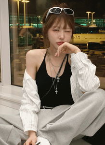 여름-간절기필수툭 걸쳐도 예쁜, 베이글 스트라이프 브이넥 카라 베이직 긴팔ver 셔츠 1color