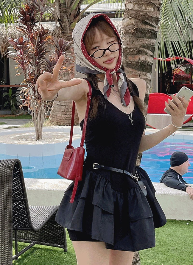 Vネックストレッチミニワンピース+リブハーフパンツ バックスリット エックス キャンキャン バレエ スパンミニホルターワンピースセット