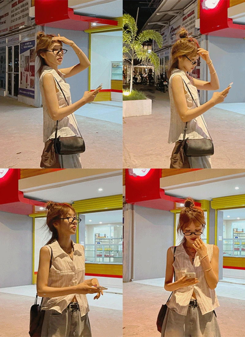 Western vintage, bagel stripe V-Neck -neck collar basic vest shirt 无袖