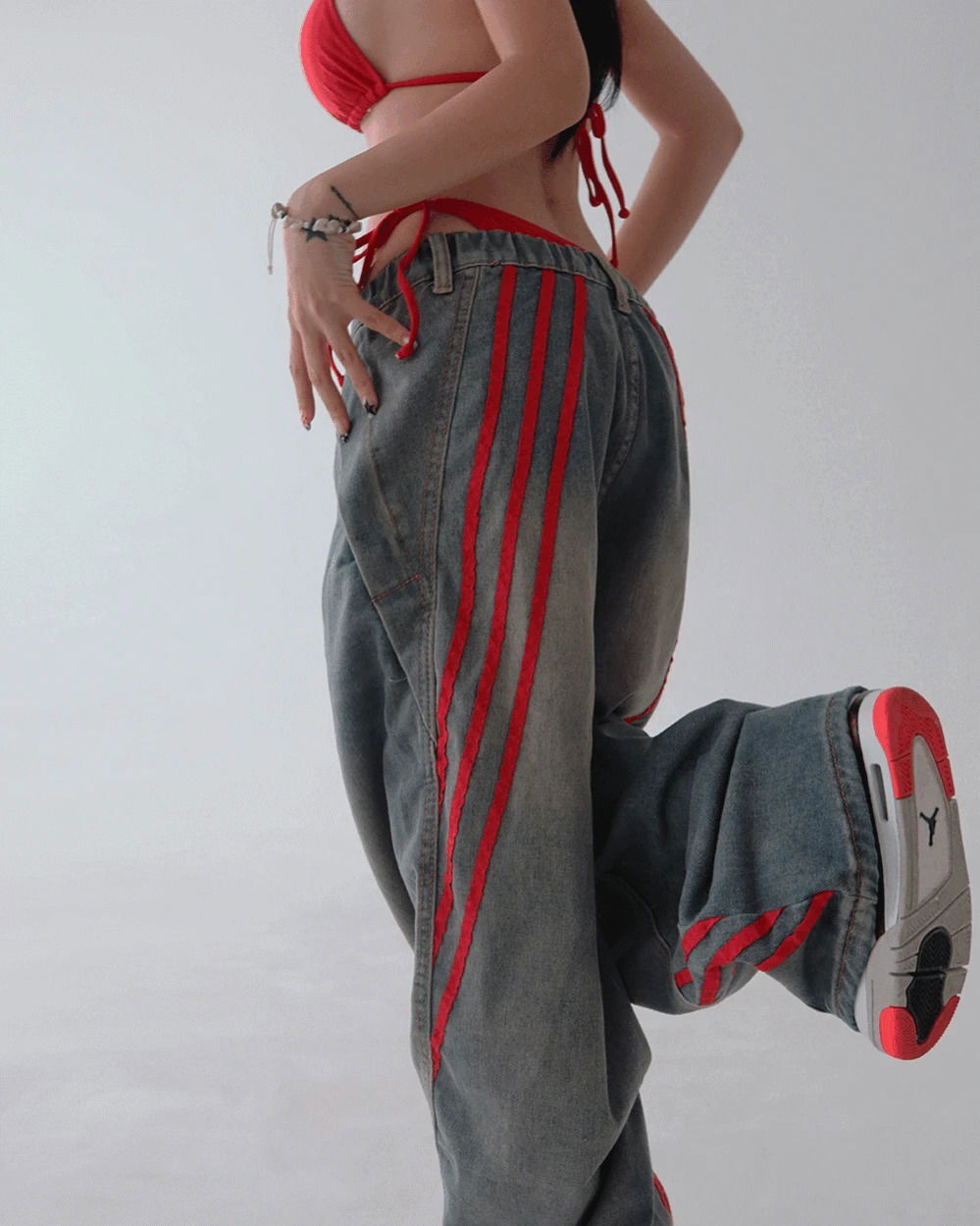 Red Track Back Banding Wide Jeans (Ships Today)