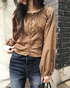 Muco Pintuck Shirring Lace Long Sleeve Blouse