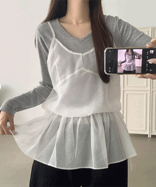 Layered frill sheer ribbon A-line strap sleeveless 無袖