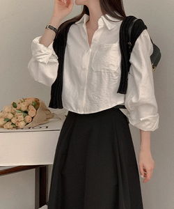 하시즈 레이어드 가을 카라넥 베이직 크롭 셔츠 남방