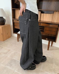 레밍 스트라이프 빅 포켓 스냅 버튼 데님 와이드 롱 팬츠