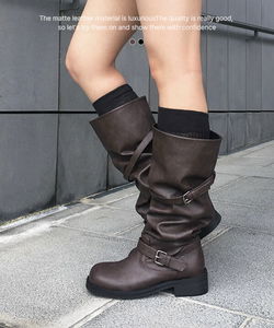 Obik Shirring Biker Buckle Long Boots