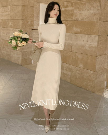 네블 목폴라 터틀넥 세로골지 슬림 맥시 데일리 H라인 롱 원피스