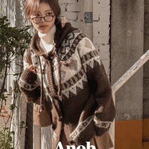 어노브 크리스마스 후드 떡볶이버튼 아방핏 루즈핏 노르딕 울 니트 가디건