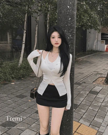 트레미 홀터 나시 일체형 레이어드 슬림핏 골지 니트 긴팔 가디건