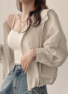 Pilkamood Summer-Autumn Daily Striped Hooded Zip-Up String Loose-fit Windbreaker Shirt Jacket (2 Colors)