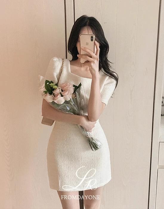 Made)샤로트 트위드 미니원피스(스퀘어넥/반팔/펄사/H라인/슬림핏/로맨틱룩/데이트룩/하객룩/약속룩/모임룩)