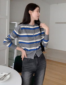 條紋拼色兩粒扣針織開襟外套