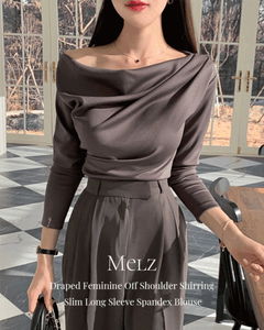 優雅垂墜露肩抓皺修身彈性長袖襯衫