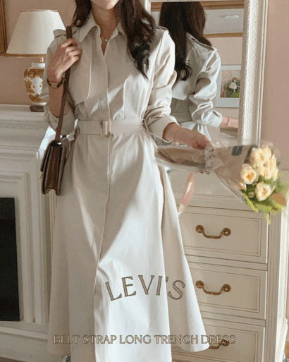 레비주 벨트 스트랩 긴팔 카라 롱 트렌치 원피스
