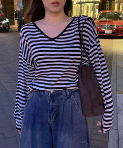 海軍藍V領條紋寬鬆針織衫