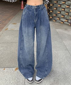 復古側褶高腰寬鬆燈籠牛仔長褲