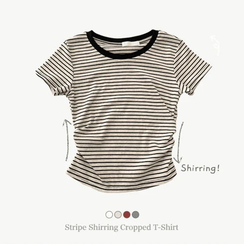 ルーミー Uネックストライプシャーリングクロップ半袖Tシャツ