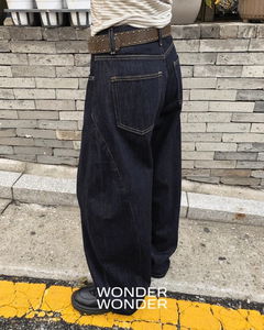 루드 생지 데님 스티치 벌룬핏 와이드 롱 팬츠