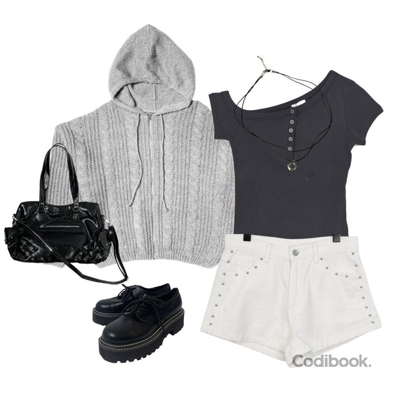 anyonemore 아눌 꽈배기 후드 니트 집업 (6color),anyonemore 옥스포드 스티치 통굽 로퍼,anyonemore 리바 글로시 스터드 투웨이 보부상 크로스 숄더백등을 매치한 코디