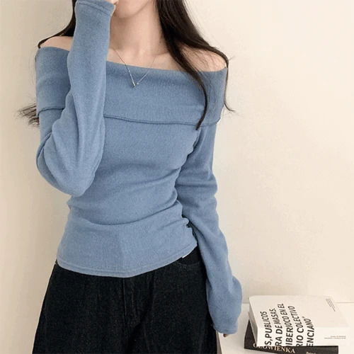 Umos Off Shoulder Slim Fit Plain Crop Long Sleeve Knitwear T-Shirt 针织衫