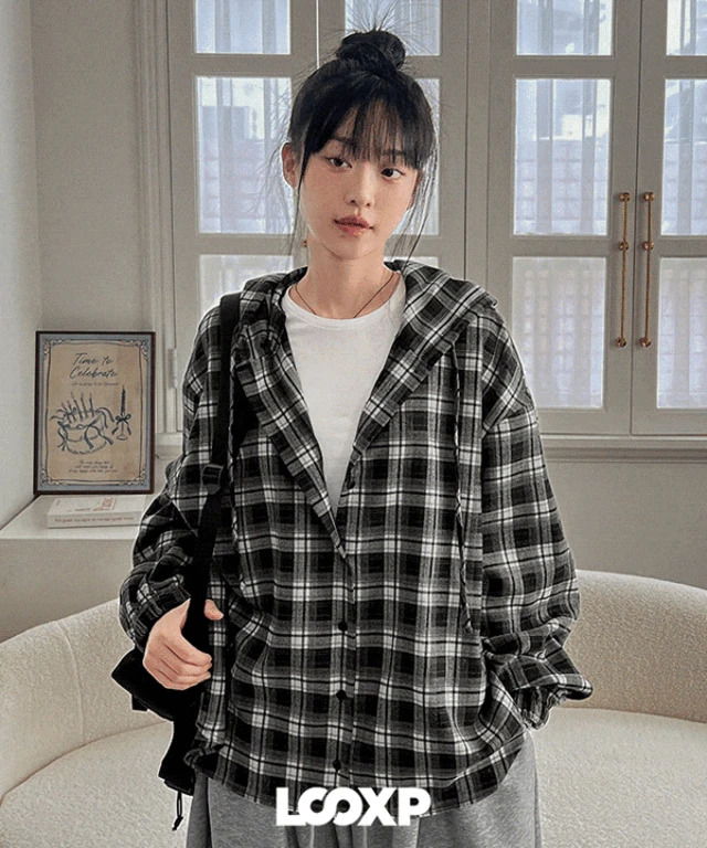 세컨 체크 빈티지 후드 오버핏 긴팔 후드 셔츠 남방 2ver